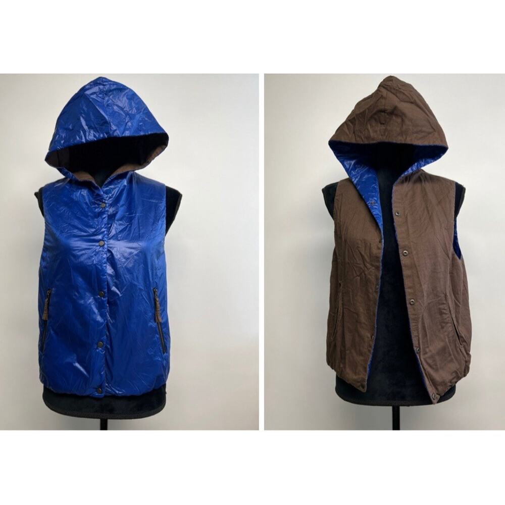 Vintage Y2K‎ Cyber Punk Medium Blue Shiny Vest Reversible Button Up Funky Hooded
